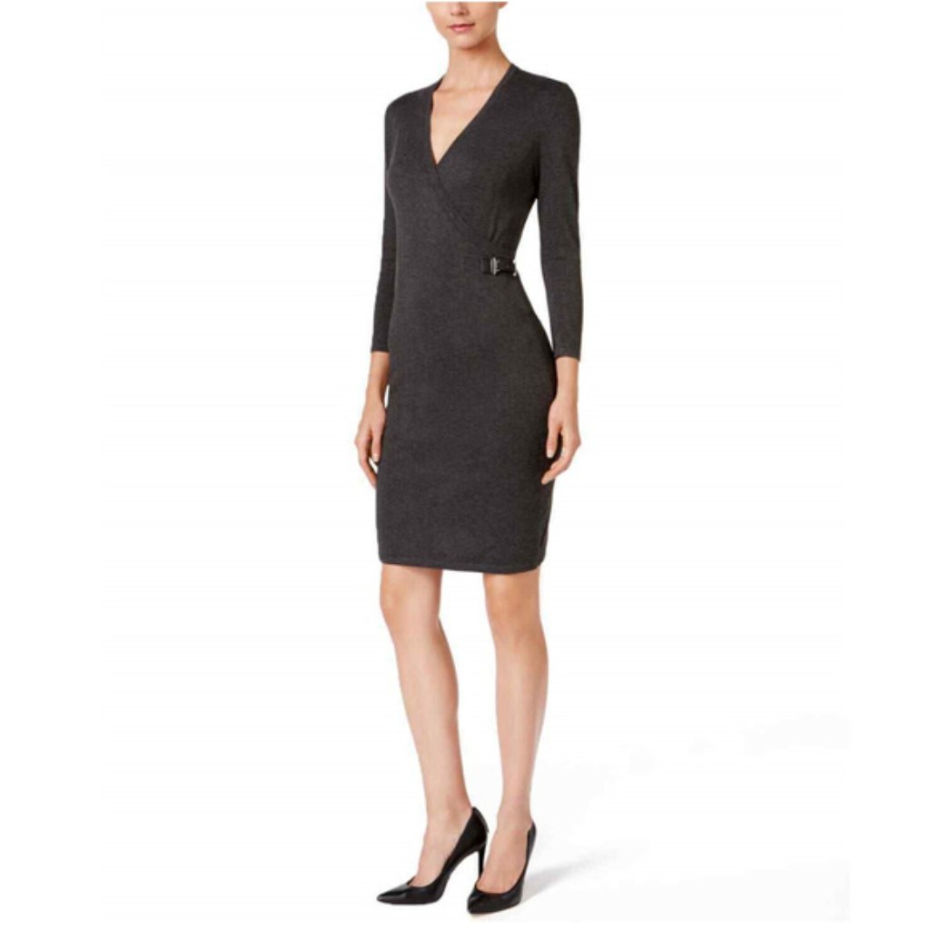 Calvin Klein Womens Buckle Faux-Wrap Sweater Dress Size L